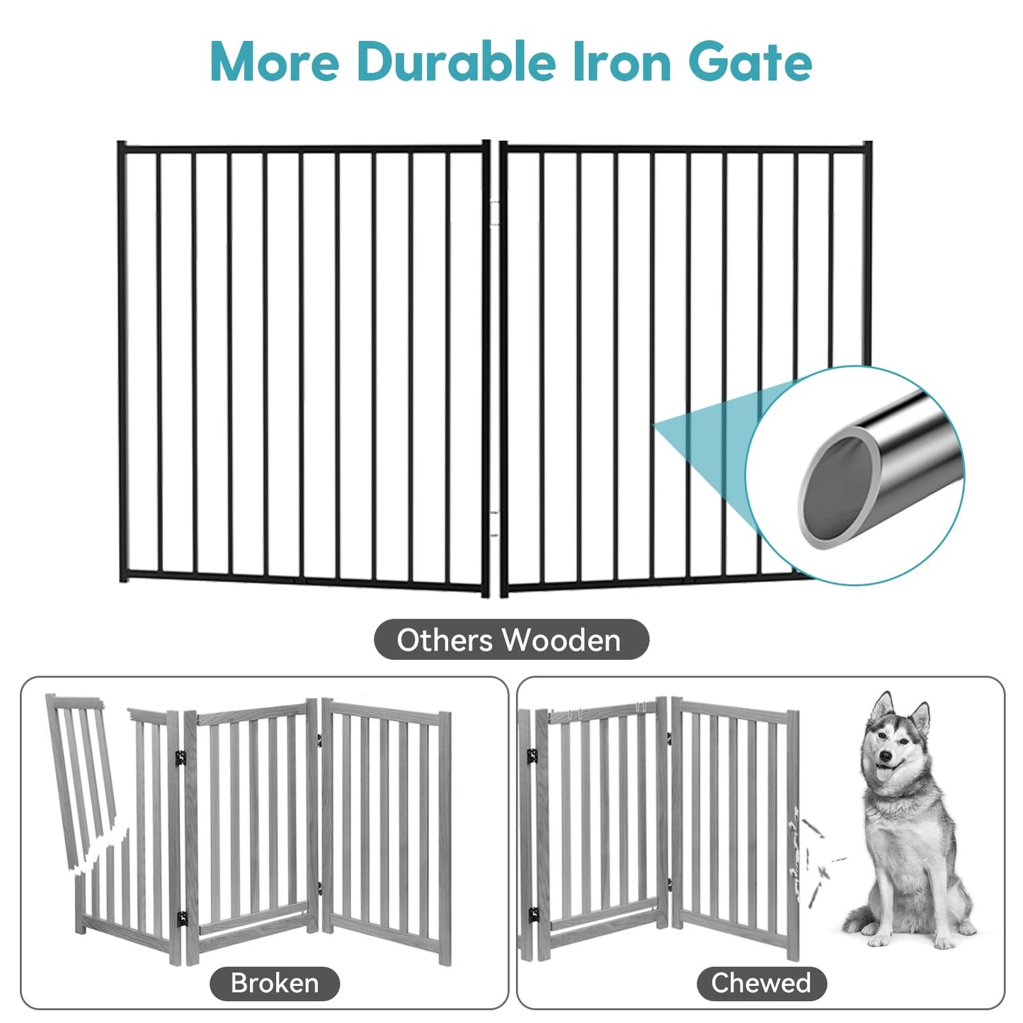 No Pawblems Free Standing Dog Gate with Door, 30'' Tall Foldable Dog Fence for Indoor & Outdoor, Up to 78 Inch Extra Wide Puppy Gate for Stairs, Hallways, Doorways, Deck, Yard (Black, 3 Panels)