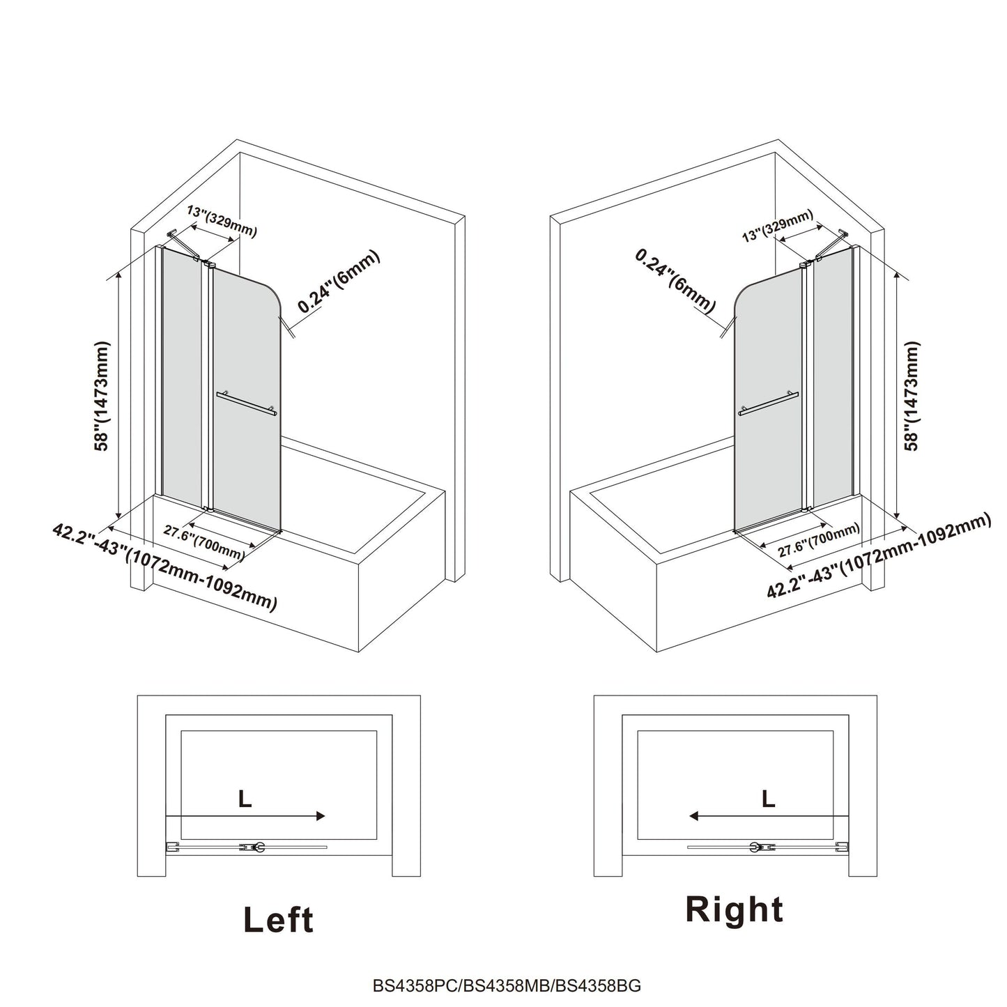 Bathroom Shower Glass Door, Tub Shower Glass Door 43”*58” Screen Panel Tempered Glass, Frameless Pivot Shower Door Matte Black with Handle