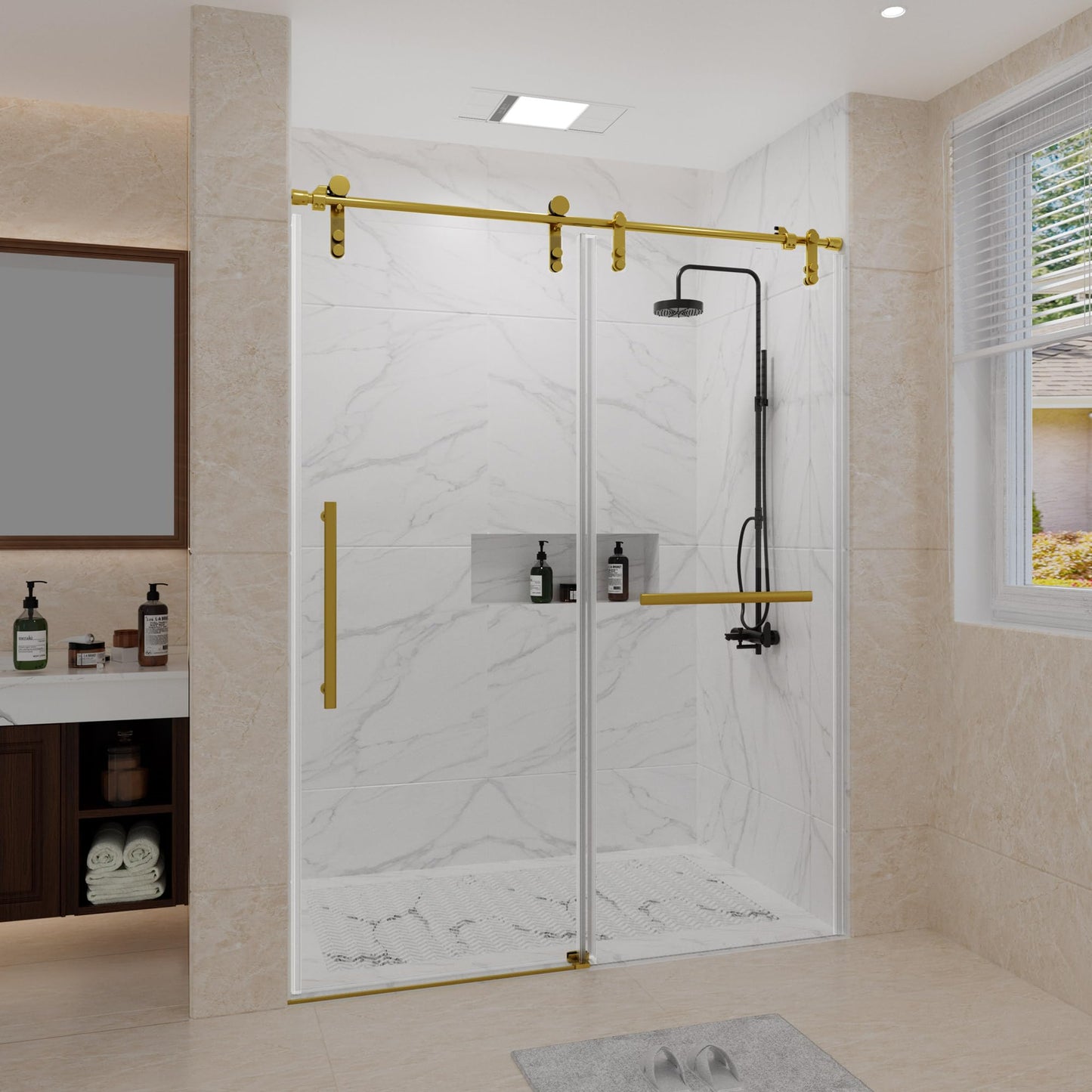 Trumbeak 56-60" W x 76" H Frameless Shower Door,Sliding Shower Door with 5/16"(8mm) Clear SGCC Tempered Glass,Glass Shower Door w/Seal Strip Parts and Handle,Stainless Steel Hardware,Gold