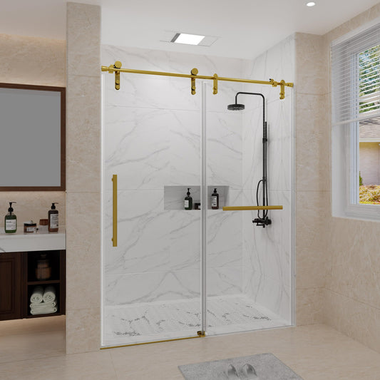 Trumbeak 56-60" W x 76" H Frameless Shower Door,Sliding Shower Door with 5/16"(8mm) Clear SGCC Tempered Glass,Glass Shower Door w/Seal Strip Parts and Handle,Stainless Steel Hardware,Gold
