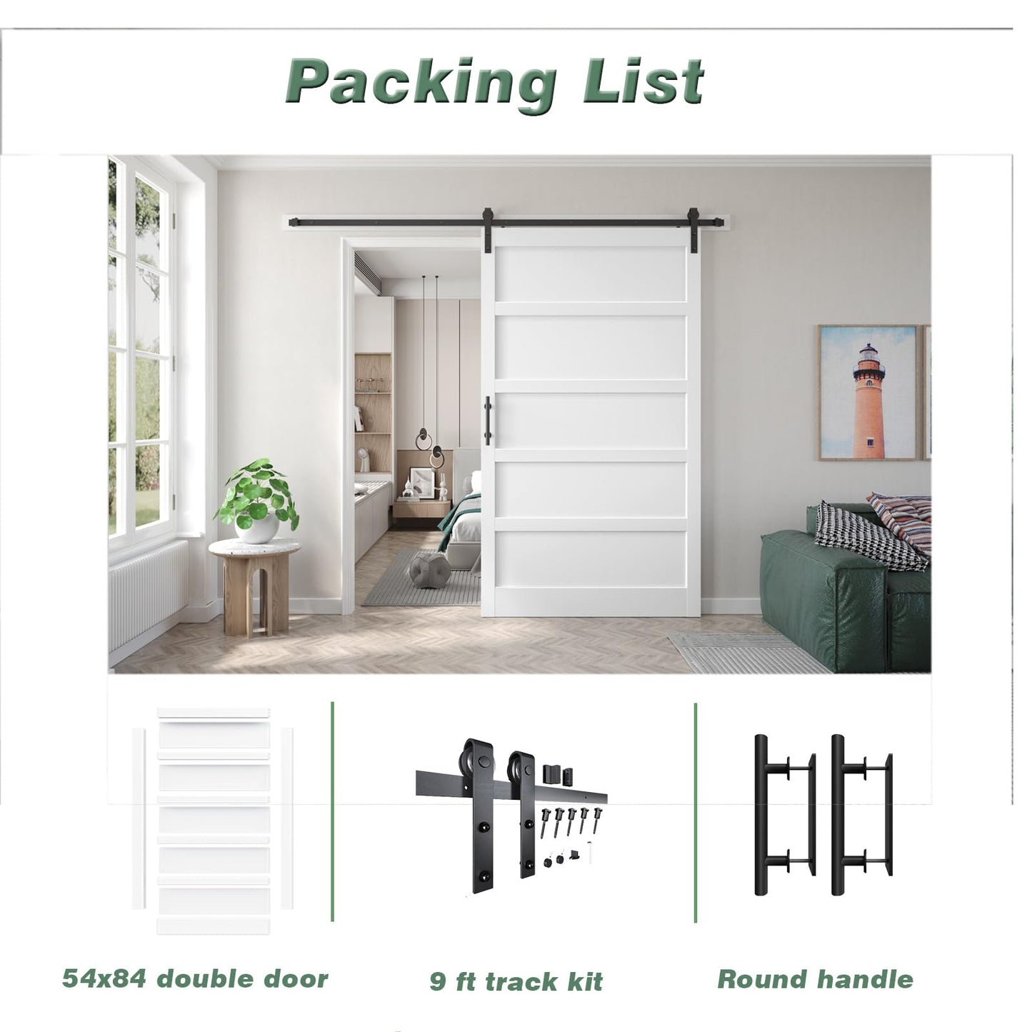 Fredbeck 54x84 inch White Barn Door with 9FT Sliding Door Hardware Kit Included & Handle,MDF,Solid PVC Surface,DIY Assembly,5-Panel