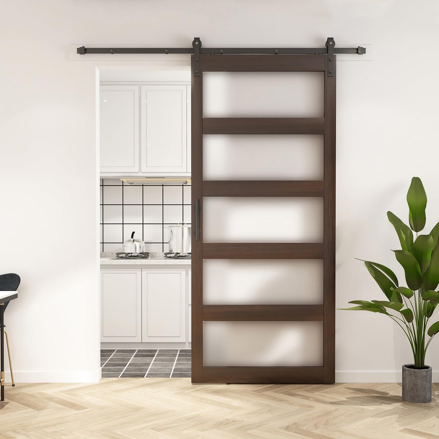 BARNSMITH 42in x 96in Glass Barn Door and 7FT Sliding Door Hardware Included, 5-Panel Frosted Glass Sliding Barn Door, Solid Wood Covered with Water-Proof PVC Surface, Easy Assembly, Brown