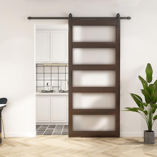 BARNSMITH 42in x 96in Glass Barn Door and 7FT Sliding Door Hardware Included, 5-Panel Frosted Glass Sliding Barn Door, Solid Wood Covered with Water-Proof PVC Surface, Easy Assembly, Brown
