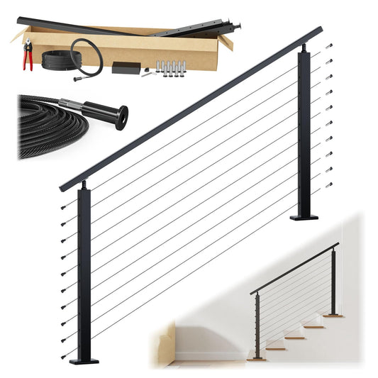 Muzata 2-4ft Black Complete Cable Railing Kit for Stairs Pre-Crimped 36 Inch Cable Railing System with Post Handrail Length Adjustable Easy DIY with User Guide Complete Set RC09