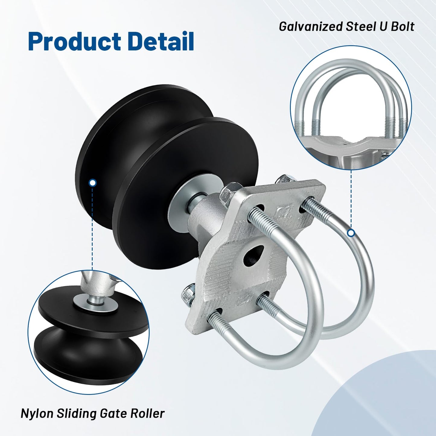 Cantilever Gate Rollers, Nylon Sliding Gate Rollers for 4" Round Post, 2-3/8" or 2-1/2" Chain Link Fence Gate Frames, Sliding Gate Hardware Kit, 1 Pack