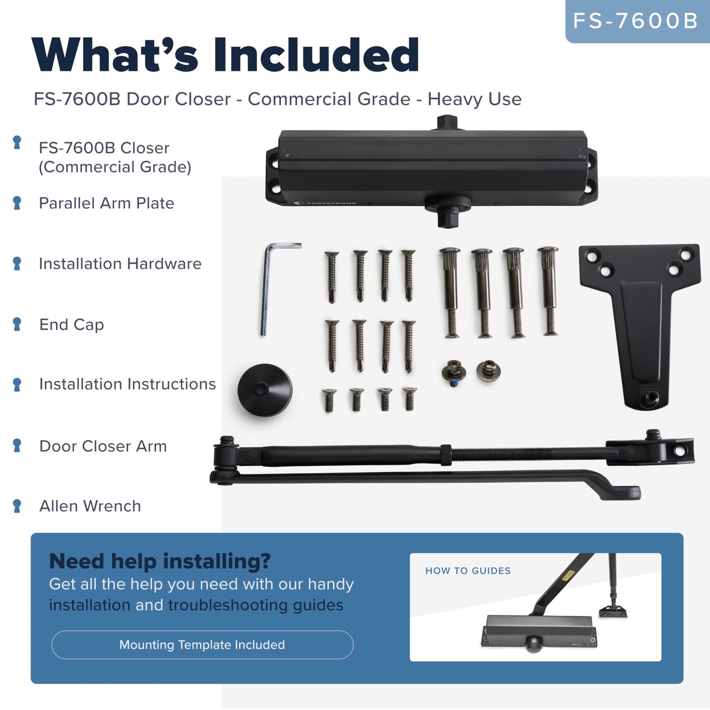 Commercial Door Closer – Heavy Duty Grade 1 Automatic Door Closer for Commercial Use - Auto Hydraulic Spring Hinge - FS-7600B UL & ADA ANSI A156.4 Grade 1 Door Closers Spring Closure Arm Self Closing