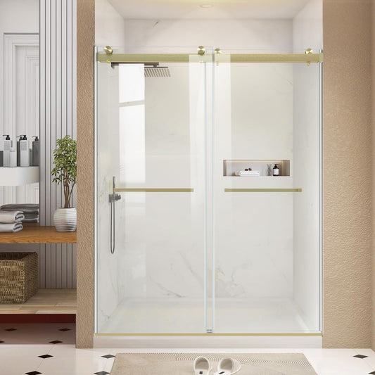 AquivaCoast Frameless Shower Door, 56-60 in W x 76 in H, Soft-Close Double Sliding Shower Door, 5/16" (8mm) Clear Tempered Glass with Double Rollers, Brushed Gold