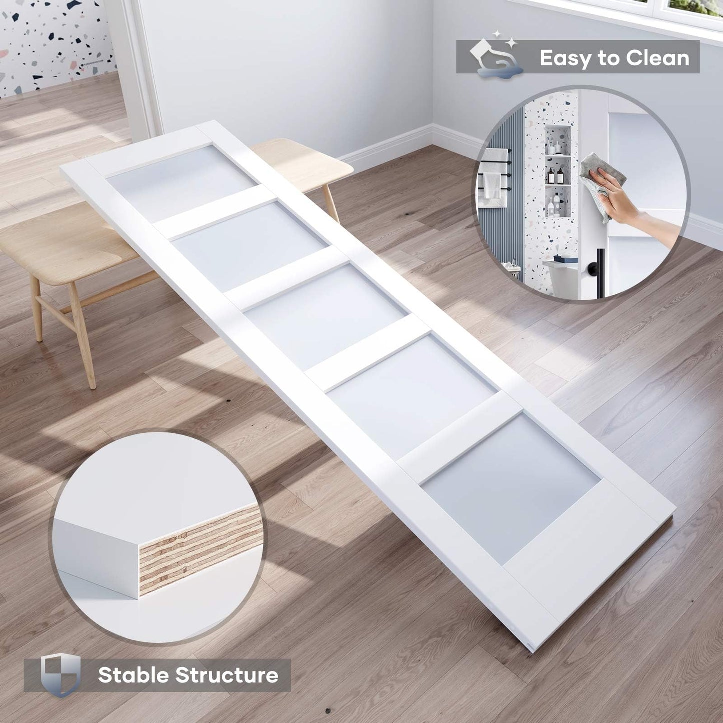 ROYMELO 28x80 Inch Glass Sliding Barn Door Slab and 5ft Hardware Kit Included, 5 Frosted Glass, LVL Wood Panel Covered with White Water-Proof Scratch-Proof PVC Surface, Simple DIY Assembly