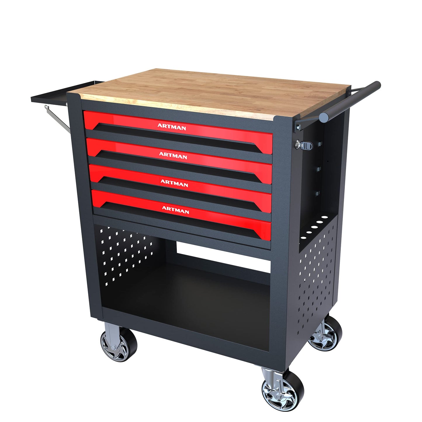 Thetilsy Rolling Tool Chest Cart with 4 Drawers,Storage Tool Cabinet on 4 Wheels. Lockable Tool Cart with Wooden Top and Adjustable Shelf.Tool Box for Garage,Repair Workshop(Wooden top, red)