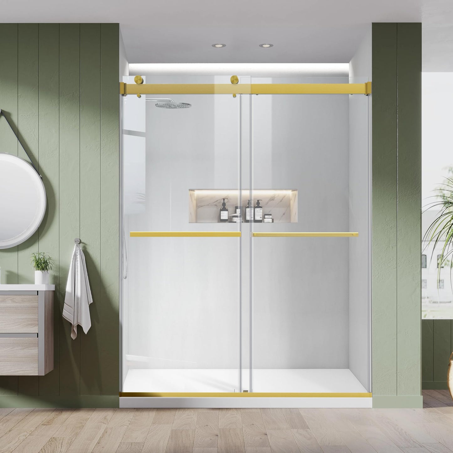 Bathroom Double Sliding Shower Door, 64" W × 76" H Frameless Shower Enclosure with 5/16"(8mm) Clear Tempered Glass Door, Brushed Gold Hardware, for Walk-in Bathroom