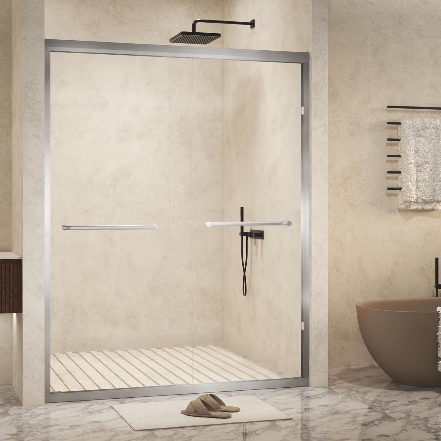 Favfurish 56-60"x 72" Shower Door,Aluminum Frame Double Sliding Shower Doors with 1/4 (6 mm) Tempered SCGG Glass,Explosion Proof Film,Stainless Steel Handle,2 inch Adjustment,Brushed Nickel