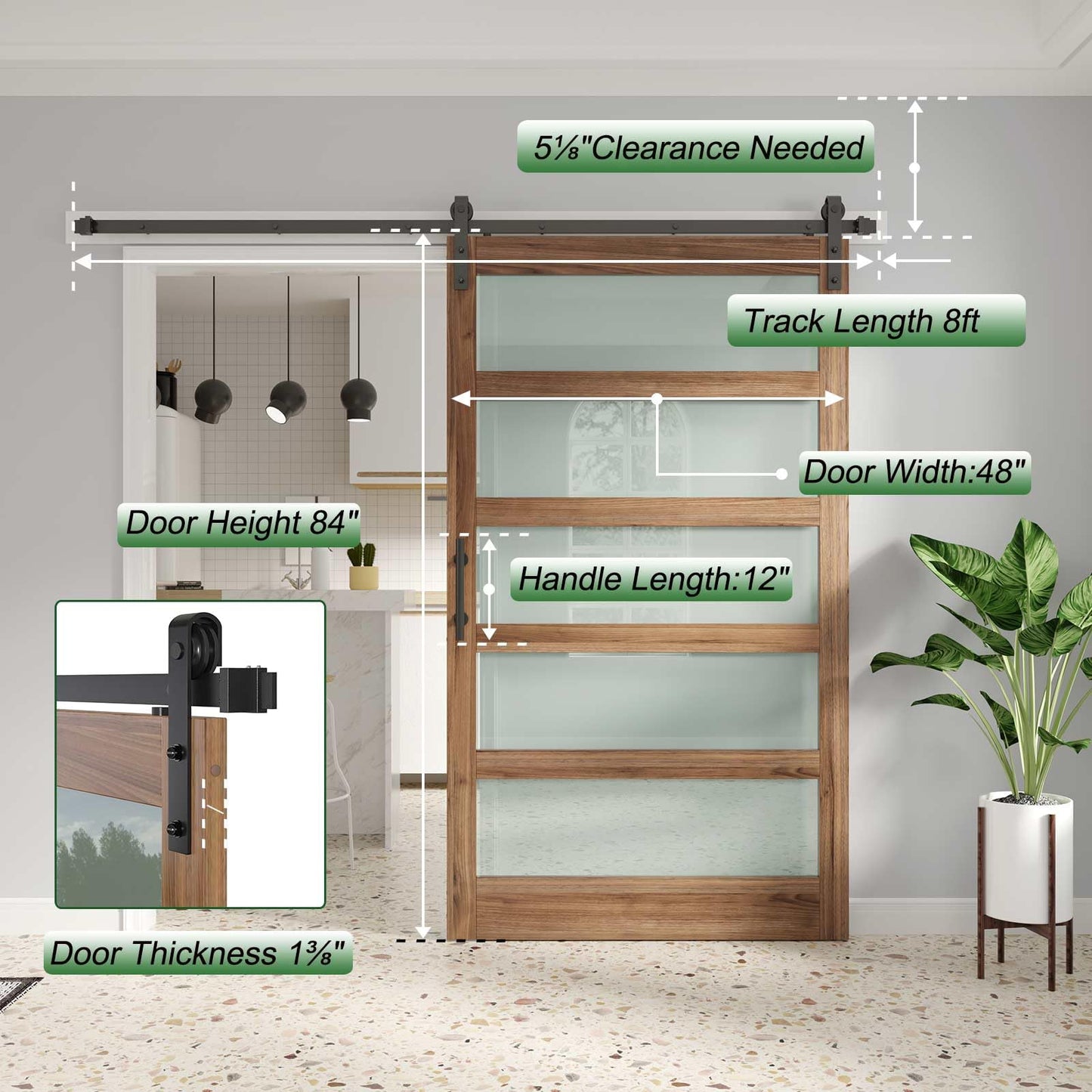 FREDBECK 48 x 84 inch Glass Barn Door with 8FT Barn Door Hardware Kit & Handle Included,5-Panel Frosted Glass,Wood Panel, Water-Proof Surface,Pre-Drilled Holes,Need Assembly