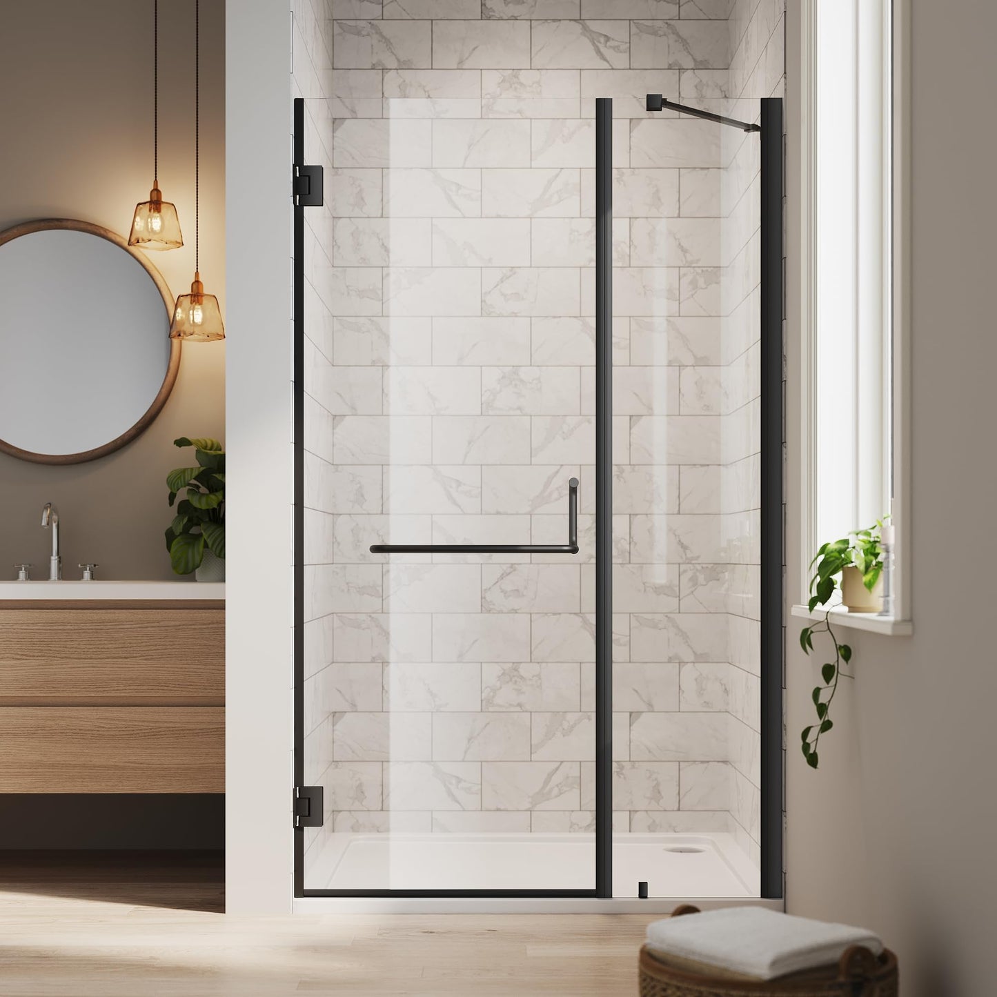 ELEGANT Frameless Shower Door 44'' W x 72'' H, Pivot Swing Glass Shower Door with 1/4'' Tempered Glass, Matte Black
