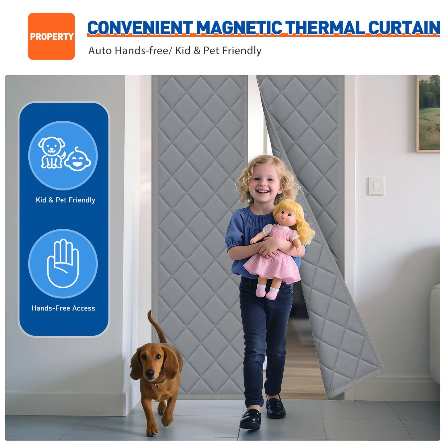 MAGZO Magnetic Winter Thermal Insulated Door Curtain Fits Door Size 30" x 80", Oxford Cloth Strong Magnets Winter Entrance Insulation, Thicken Cotton Entrance Cover for Doorways, Gray