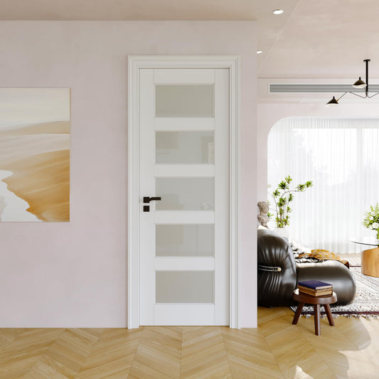 5-Panel Frosted Glass Interior Door Slab, 28 x 80 Slab Door for French Closet Doors, Solid Core Pre-Assembled Panel Certified, Single 80 inch Barn Doors for Pantry