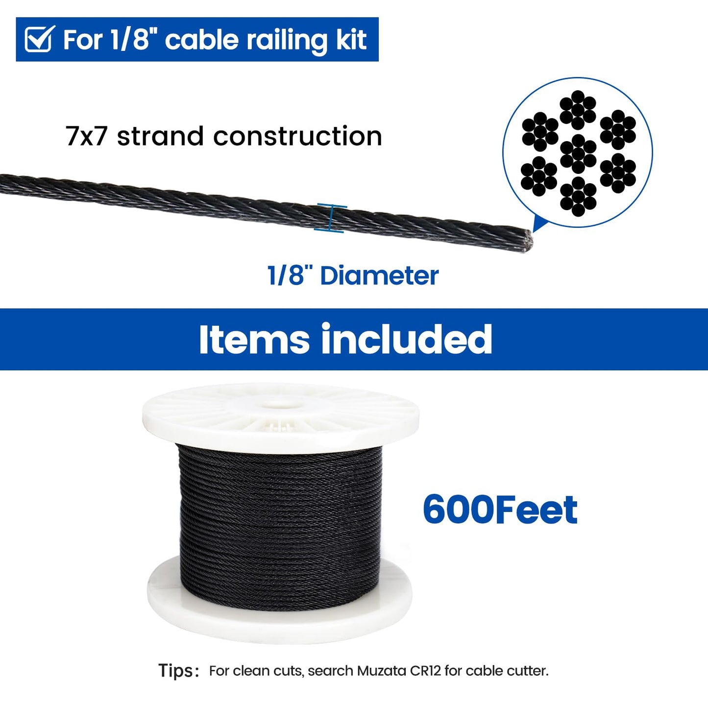 Muzata 600 ft 1/8" Black Stainless Steel Cable Railing System Hardware T316 Stainless Steel Wire Rope 7x7 Strands 1800 lb Breaking Strength Black Cable Railing Kit for Indoor Outdoor WR19