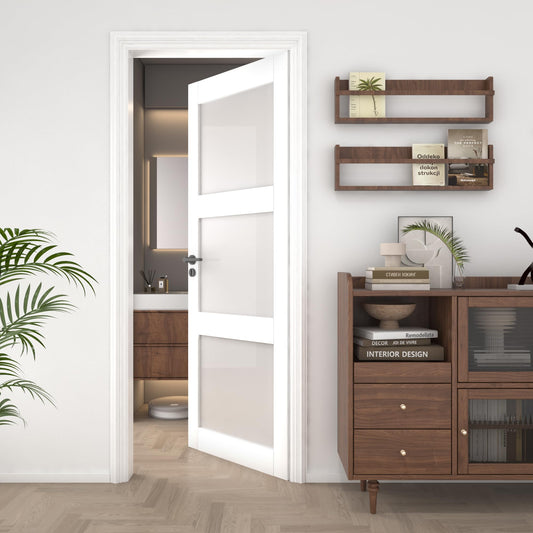 OHTOMO 24"x 80" Interior Door, 3-Lite Frosted Glass Door Slab, Solid Core with MDF Panel, for Bathroom Pantry Laundry Room, White Primed, Without Frame and Hardware Kit