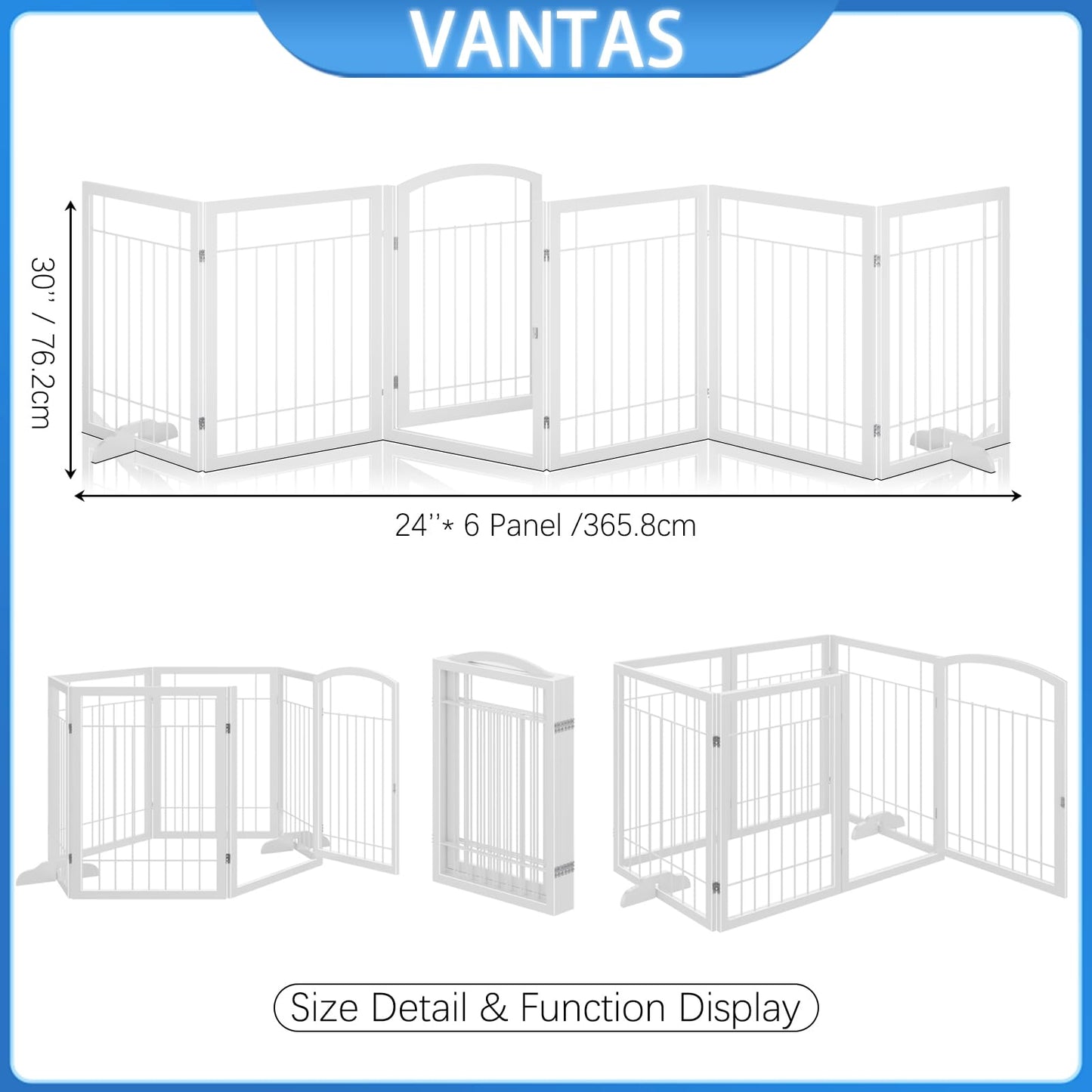 Vantas Folding Pet Gate 144" Wide, 30" Tall No-Assembly Metal Dog Gate with Door Walk Through, Freestanding Wire Pet Puppy Safety Fence, with 2PCS Support - White