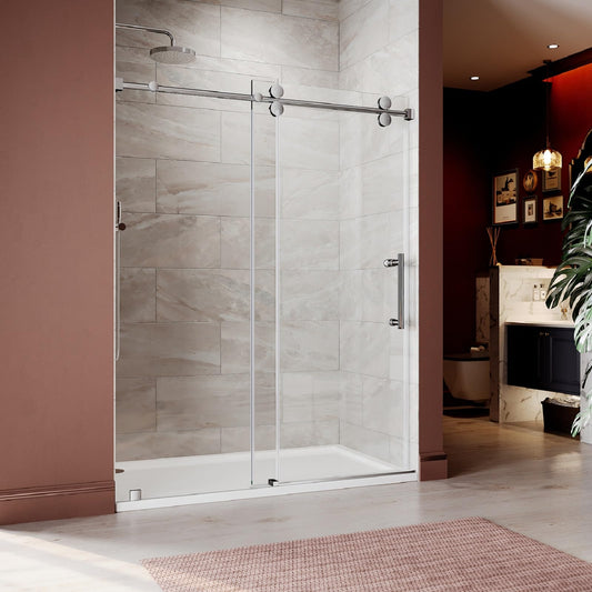 50-55 Inch x 80 Inch Sliding Frameless Shower Door, 3/8" Tempered Glass with Easy-Cleaning Coating, Stainless Steel Rollers & SGCC-Certified Stability, Bright Chrome