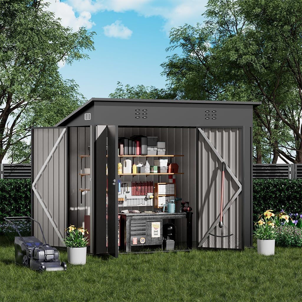 COMHOMA Shed Outdoor Storage Shed Metal,Lockable Doors Tool Sheds with Sloping Roof,Steel Garden Shed with Air Vent for Backyard,Patio,Lawn,Poolside(Grey,8'*4')