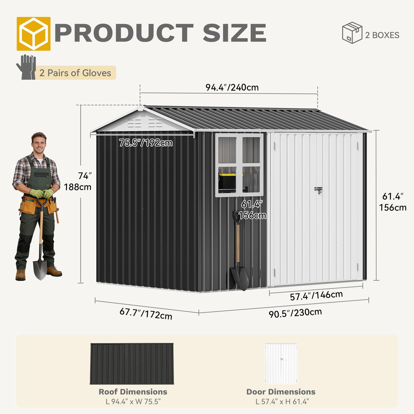 DWVO 8x6ft Large Tool Storage Shed with Window, Lockable Doors, and Sloped Roof, Oversized Steel Outdoor Storage Shed for Garden, Patio, Garage, Backyard, Lawn - Gray & White
