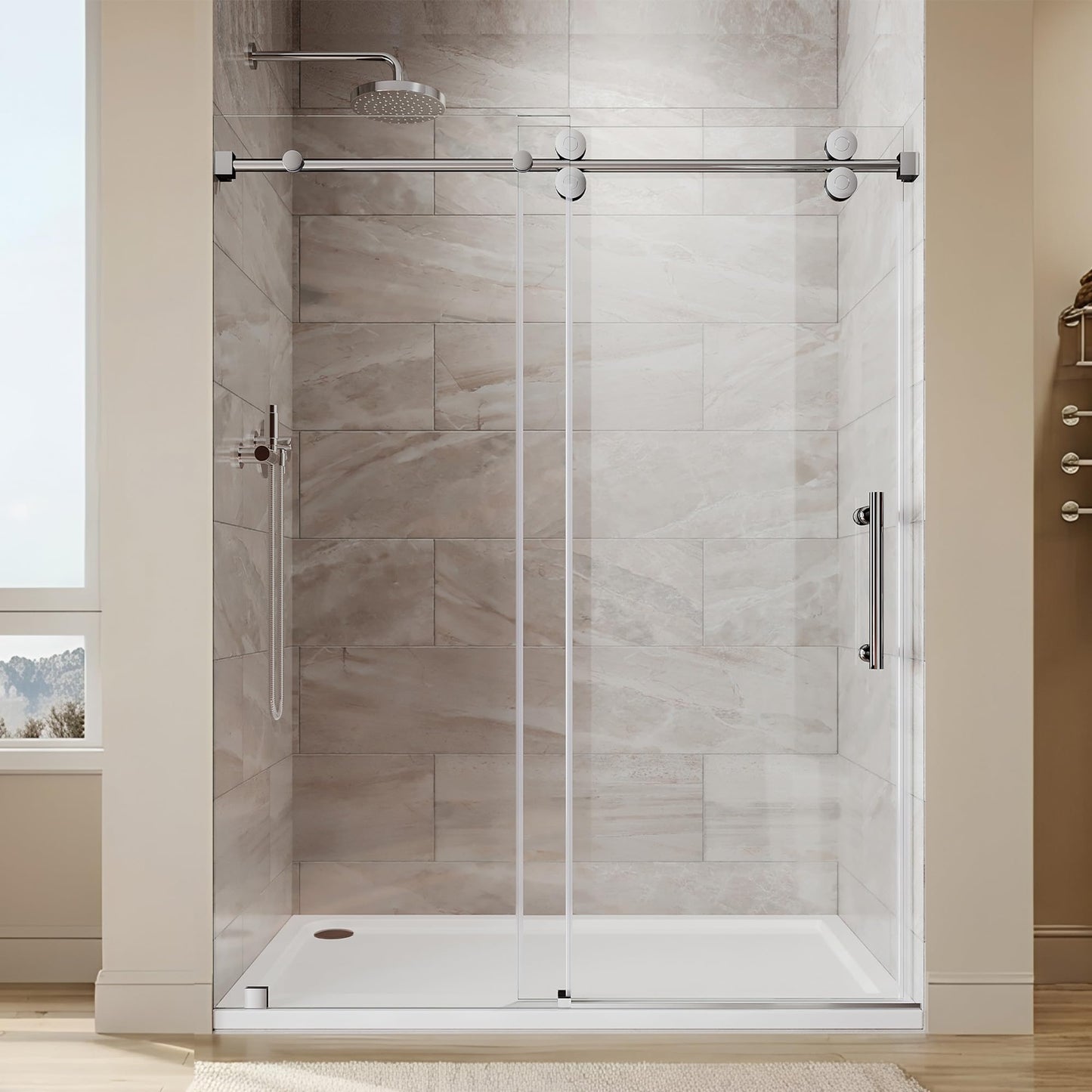 50-55 Inch x 80 Inch Sliding Frameless Shower Door, 3/8" Tempered Glass with Easy-Cleaning Coating, Stainless Steel Rollers & SGCC-Certified Stability, Bright Chrome
