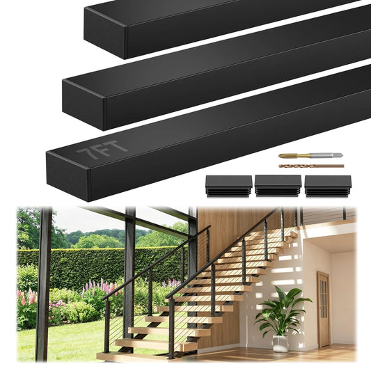 Gyykzz 7FT Stainless Steel T304 Black Handrail, 3 Pack Rectangular Tube Cable Railing Handrail with Plastic End Caps, Flat Top Rail for Indoor Outdoor Deck Stair Cable Railing System DIY Balustrade