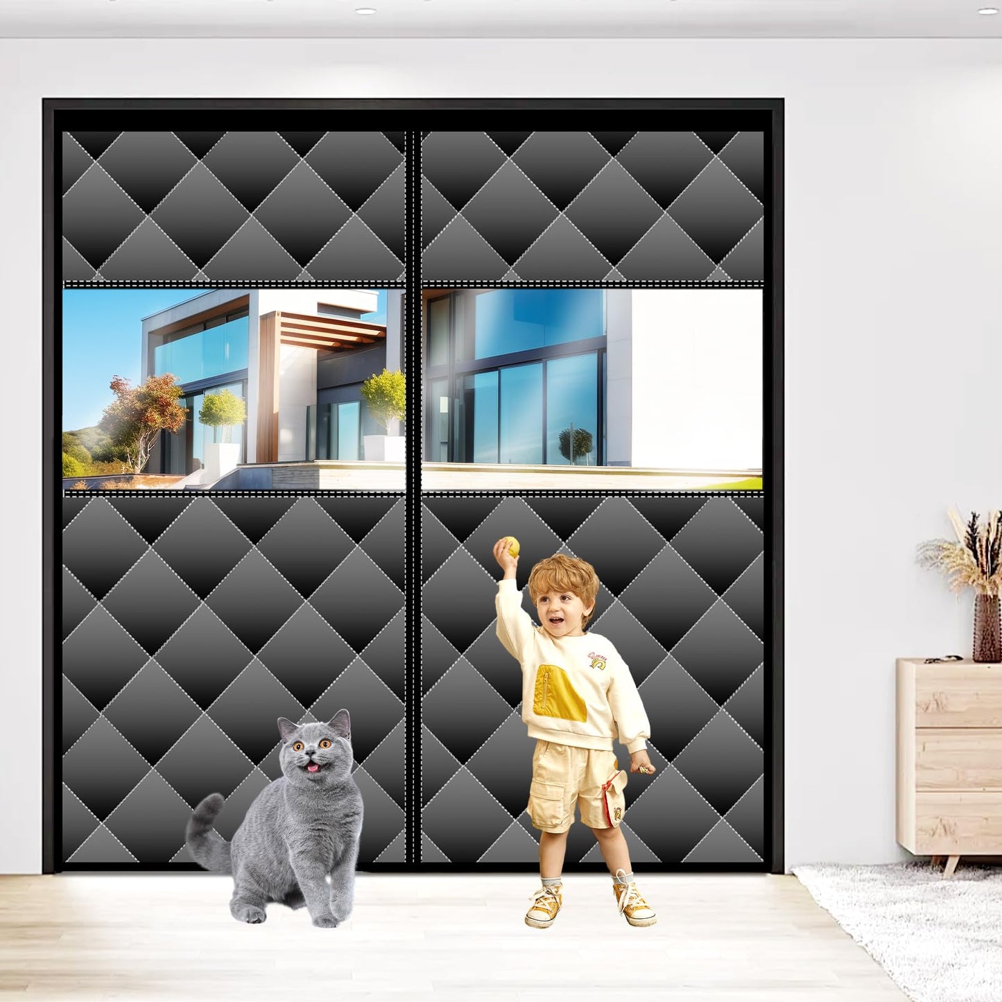 Magnetic Thermal Insulated Door Curtain with Visible Windows, Thicken Polyester Fiberfill & Durable Oxford Fabric, Hands Free Windproof Door Screen, Fit Doors Size Up to 72 x 80 Inch, Black