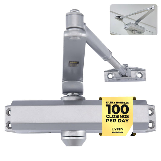 LYNN HARDWARE Medium Duty Automatic Door Closer (Silver) - Highly Durable Cast Aluminum, Commercial or Home Use, Adjustable Speed Controls, 3 Mounting Options, 3 Hour Fire Rated (DC6003 Model)