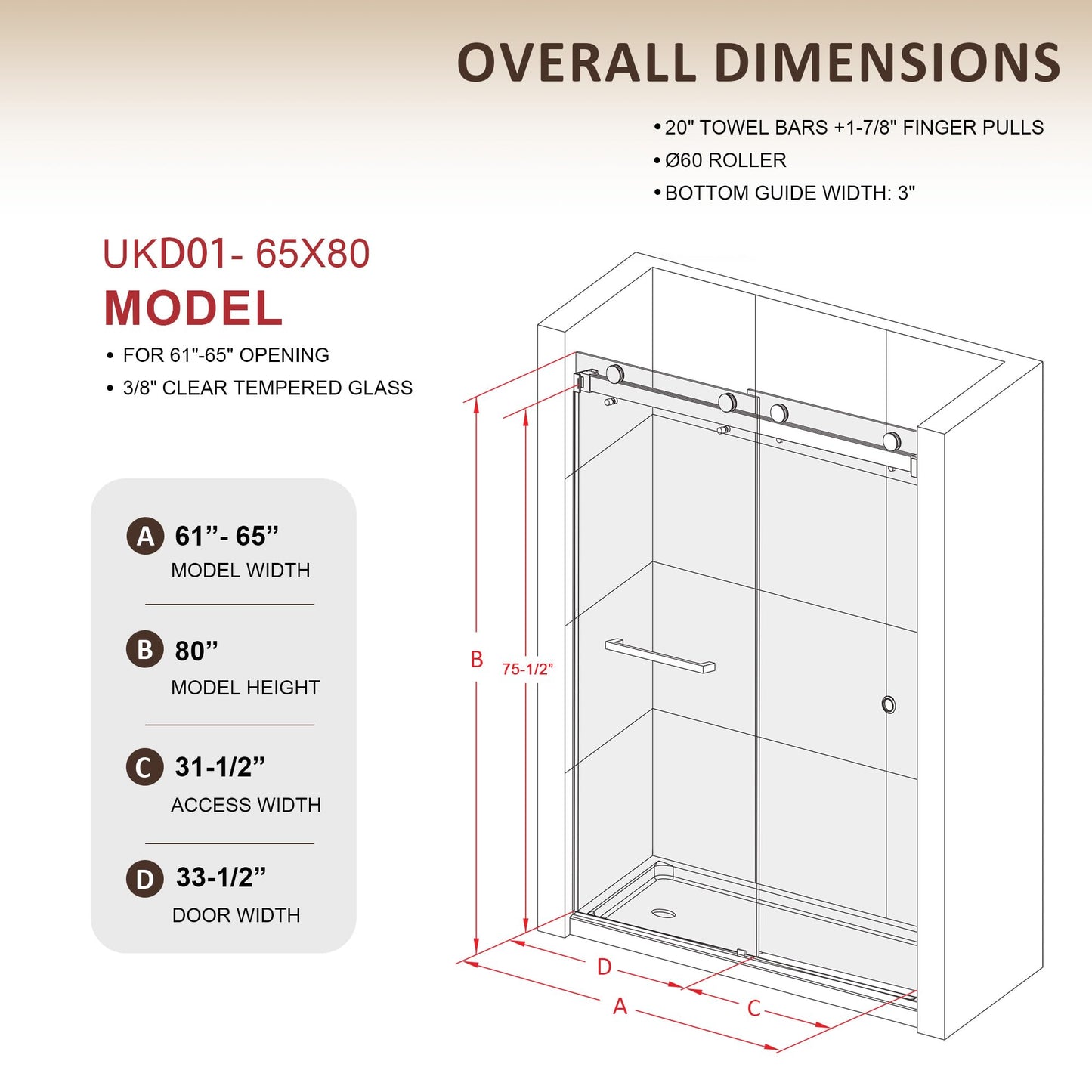 UKD01 61 to 65 in. W x 80 in. H Double Sliding Frameless Shower Doors - Stainless Steel 3/8" (10mm) Certified Tempered Glass 65x80-SG
