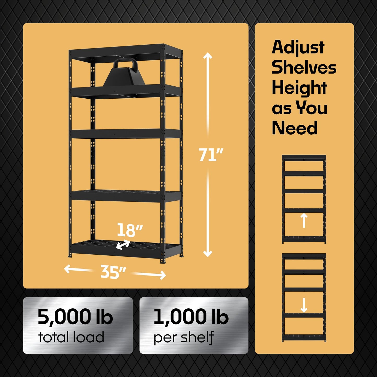 Metalkast Heavy-Duty Metal Garage Shelving | 71" H x 35" W x 18" D | Adjustable Industrial Storage Rack with Wire Shelves | 5-Tier Steel Shelving Unit, 5,000LB Capacity, Rust-Resistant Coating