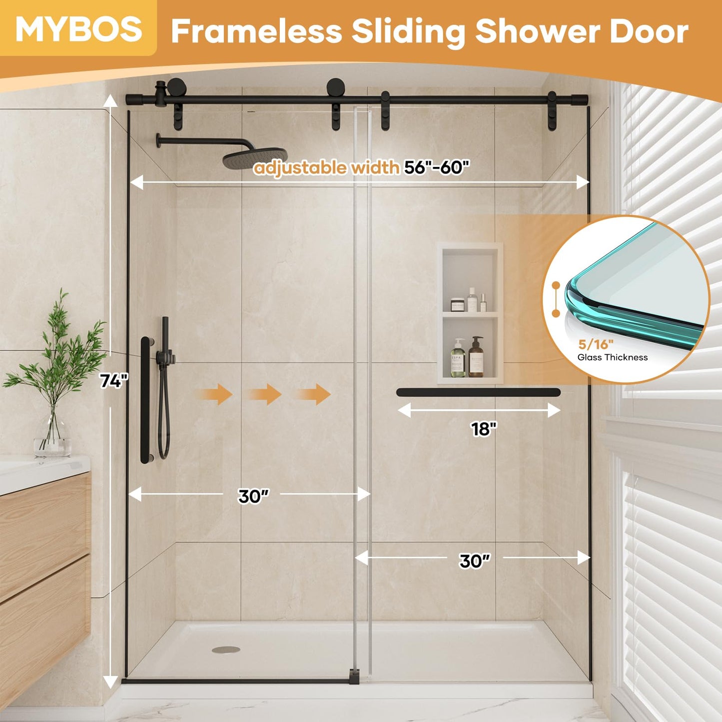 Mybos 74 x 60 Shower Door, Frameless Shower Door, Sliding Shower Glass Door with 5/16" (8mm) Clear SGCC Tempered Glass, Explosion-Proof Film, Stainless Steel Handle, Matte Black