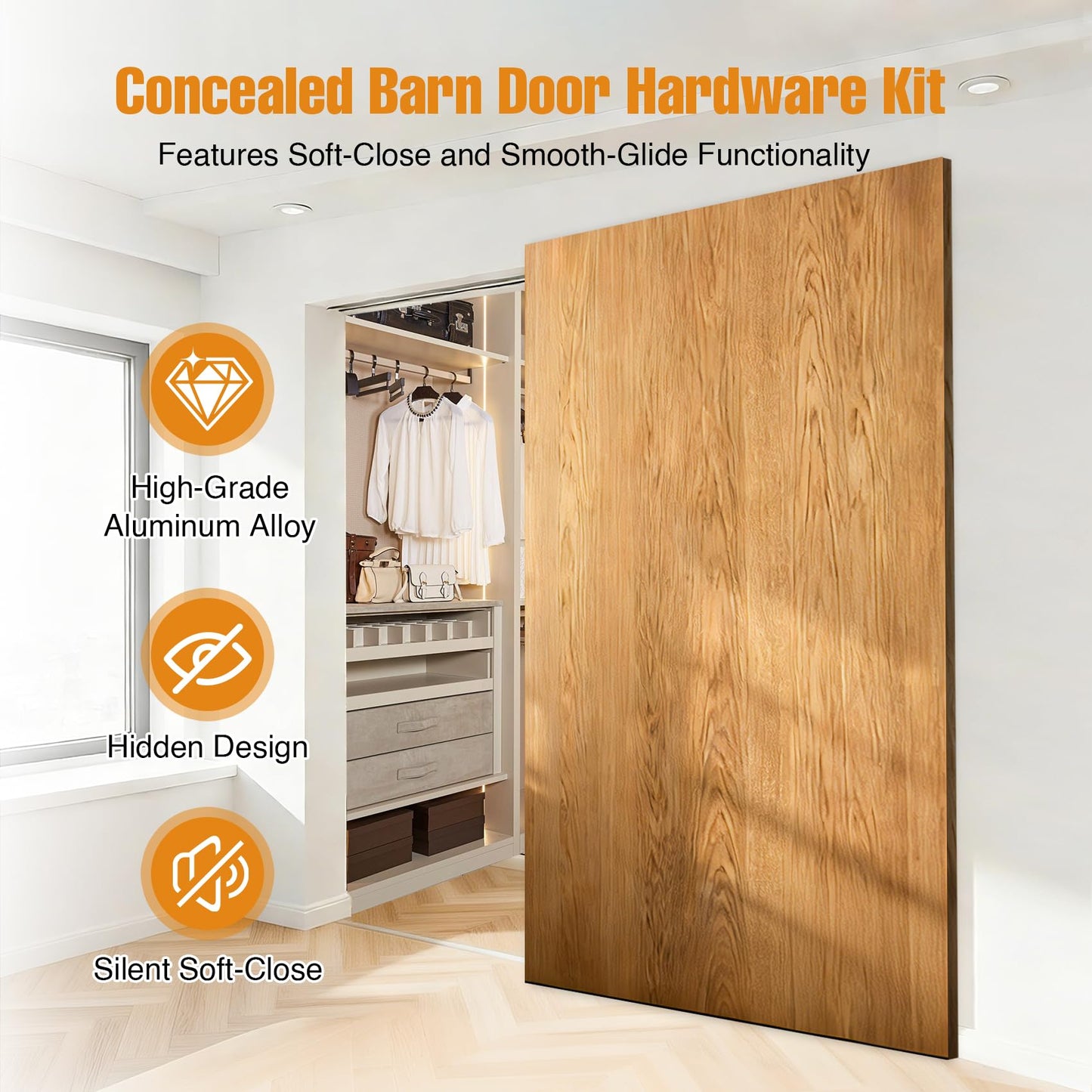 Souyou 36" Concealed Sliding Barn Door Hardware Kit with Soft Close Mechanism - Wall Mount no Floor Track Fits 28"-32" Opening Width Hidden Barn Door Hardware Kit (Door not Included)