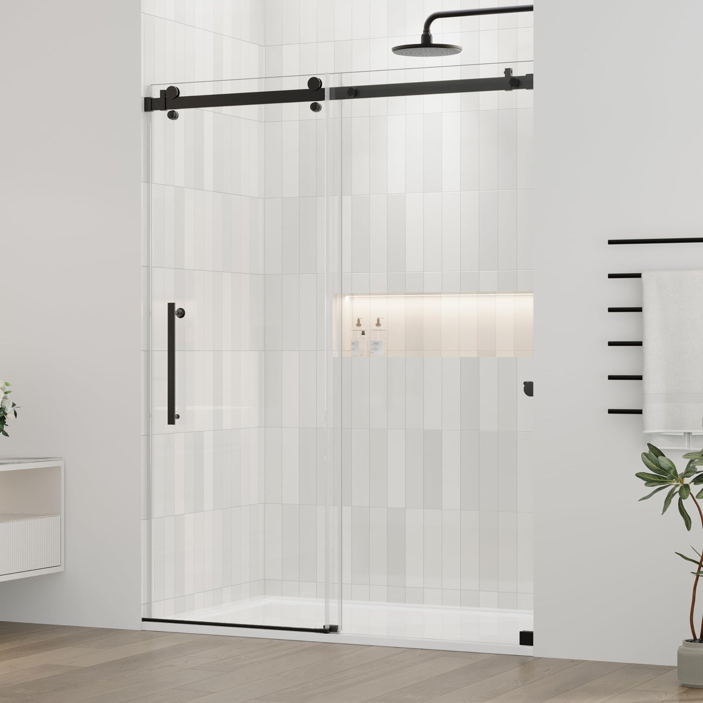 DELAVIN 56-60.in W x 75.in H Frameless Shower Door, Water Repellent Black Shower Door with SGCC Certified Clear Tempered Glass, Easy Sliding Showe Door with Explosion-Proof Film, Stainless Steel