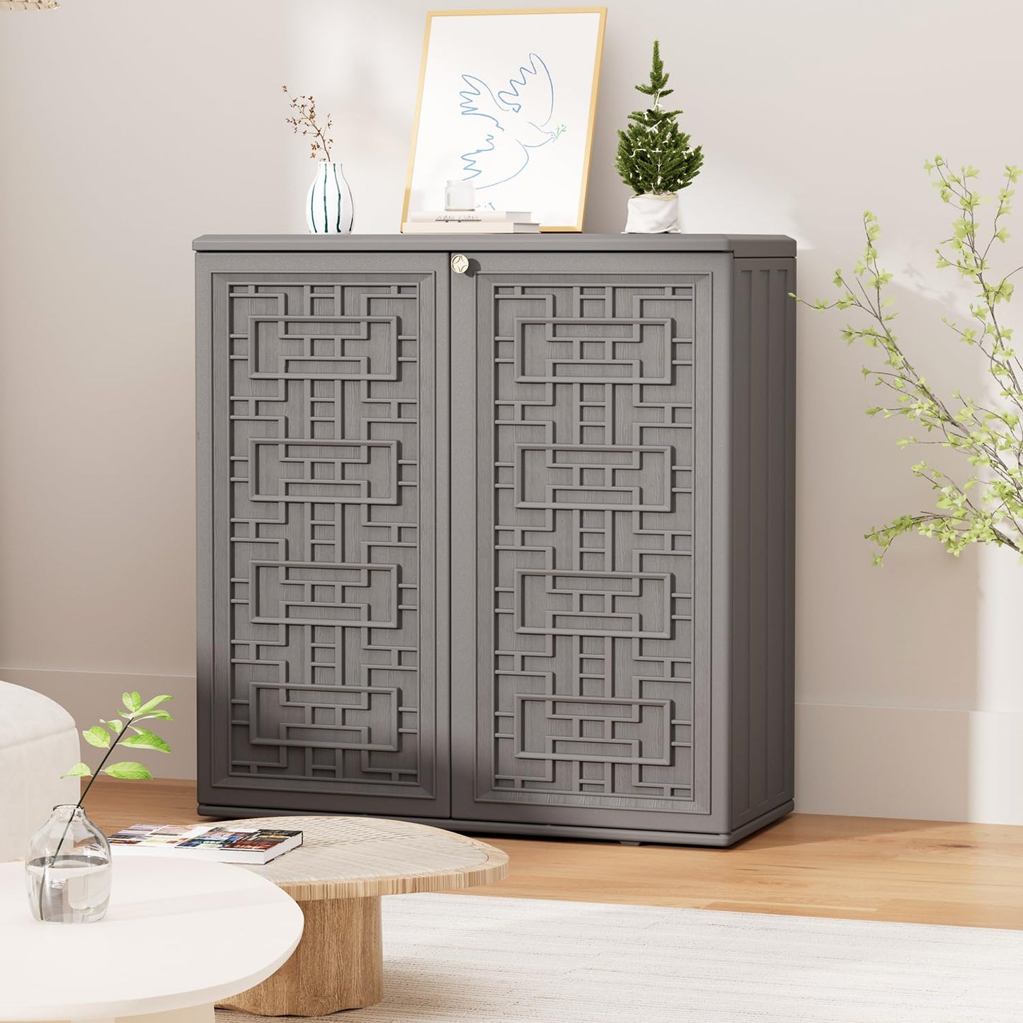 HOMSPARK Indoor/Outdoor Storage Cabinet with Doors and Shelf, 34”x15”x36” HDPE Plastic Storage Box Waterproof for Patio, Garden, Balcony, Multi-Purpose for Daily Tools, Grey