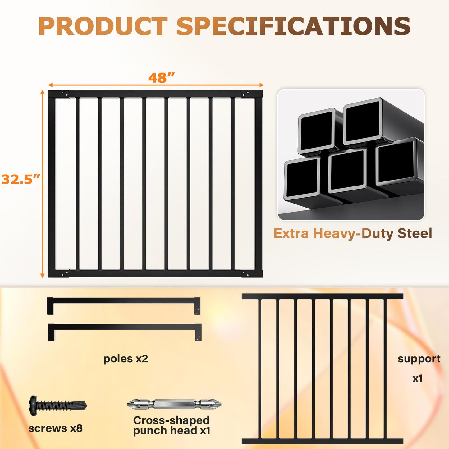 Deck Fence Gate Outdoor 32.5" Hx48 W Heavy Duty Steel Anti-Rust Door with Customizable Width, Metal Gate for Residential, Yard, Patio(No Hinge)