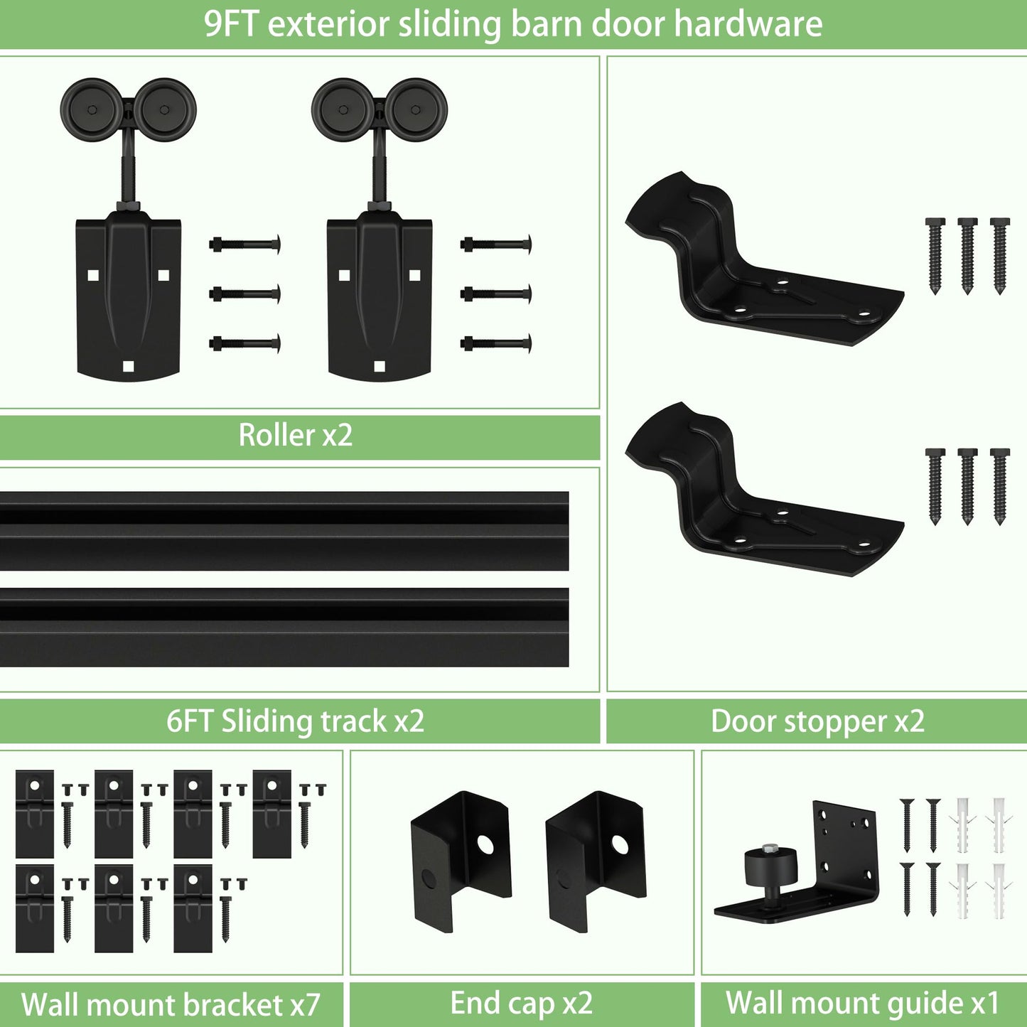 WEWORTH 9FT Black Box Rail Exterior Sliding Barn Door Hardware Track Kit, Heavy Duty Barn Door Track Set, Wall Mount Outdoor Weatherproof Single Barn Door Hardware with 5 Track Brackets(No Doors）