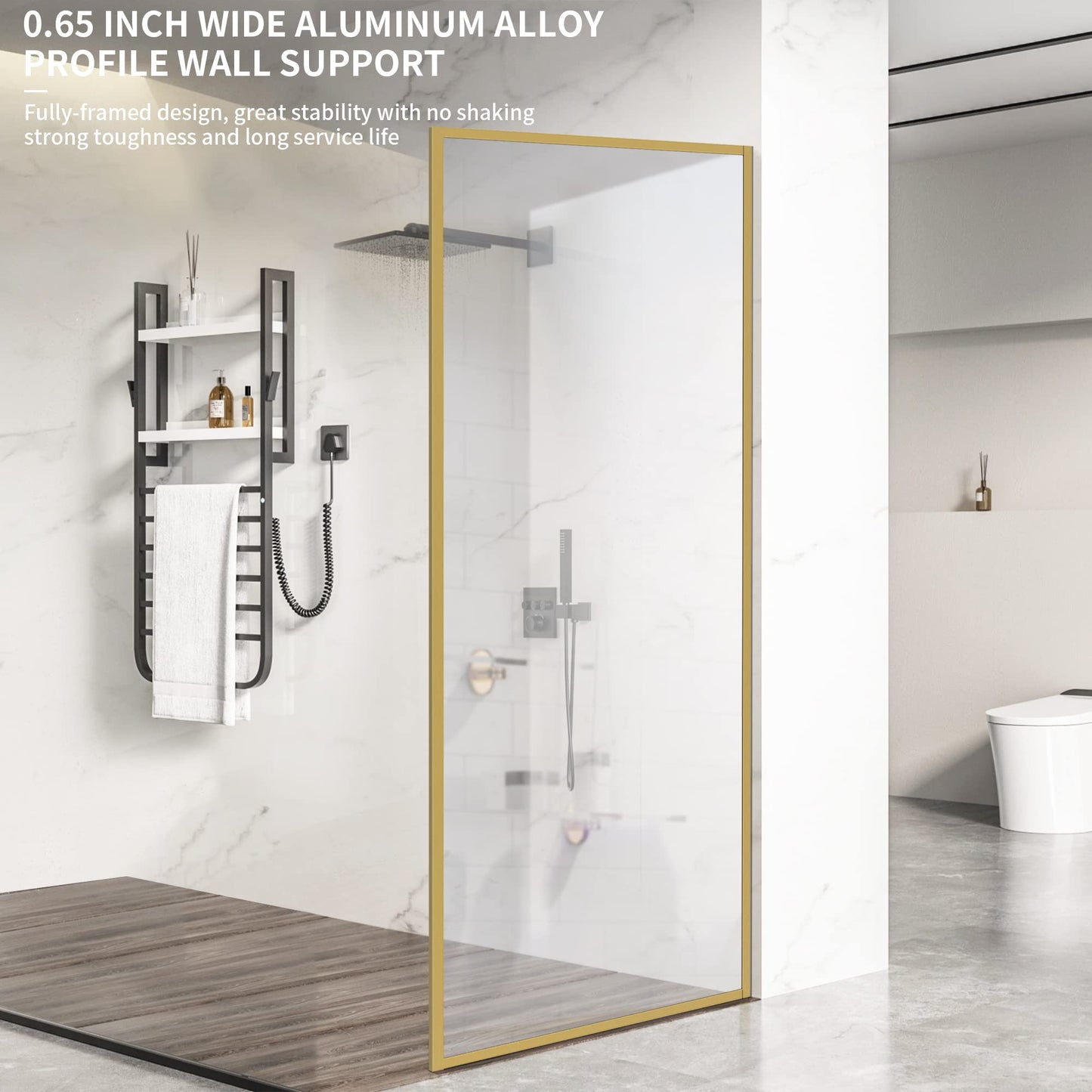 Bathroom Fixed Glass Shower Wall Panels, 34 in W x 74 in H Framed Tempered Shower Glass Panel for Open Walk-in Bathroom and Bathtub, Clear Glass Shower Panel with Matte Brushed Gold Finish