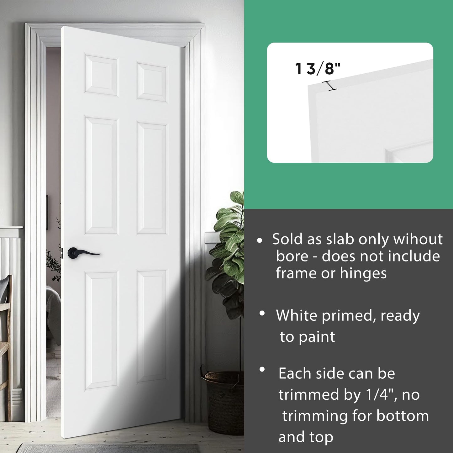 BARNSMITH 30x80 in Raised 6-Panel Textured White Primed Molded Door Slab, Classic Style Paintable Hollow Core Interior Door Panel, for Pocket, Swing, Sliding Door, Durable and Lightweight