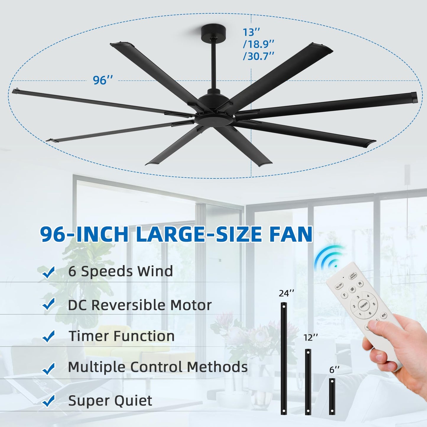 RIENAZA 96 Inch Industrial Ceiling Fans without Lights，Large Ceiling Fan with 8 Reversible Aluminum Blades, 6-Speed Remote Control, Home or Commercial Ceiling Fan for Porch，Garage，Shop