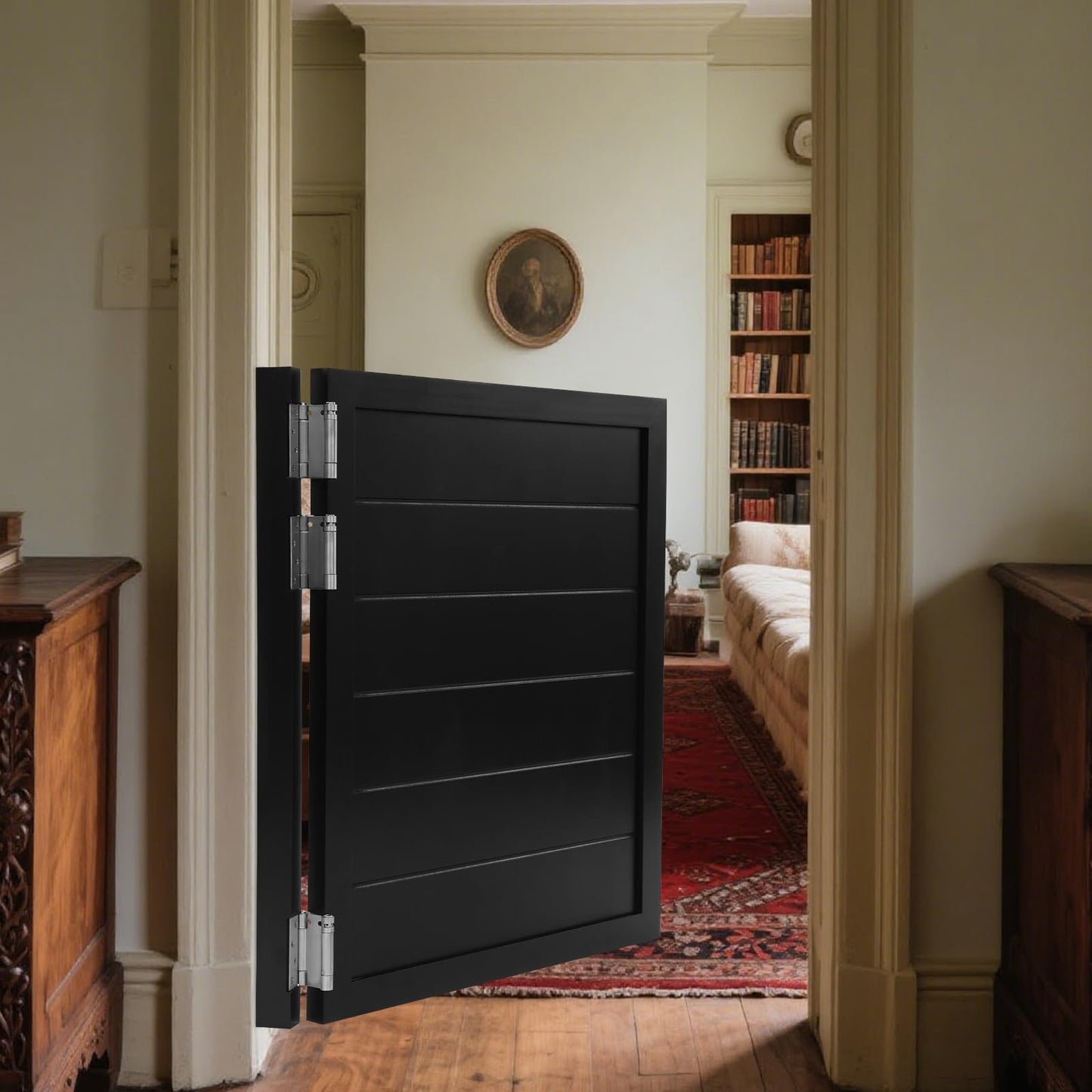 Swinging Door with Spring Hinges, Interior Cafe Saloon Door, Modern Style Pine Wood Louvered Auto Close Door for Kitchen Bar Shop Hallway Porch Entrance Partition (Black, 31.49 * 35.43in)