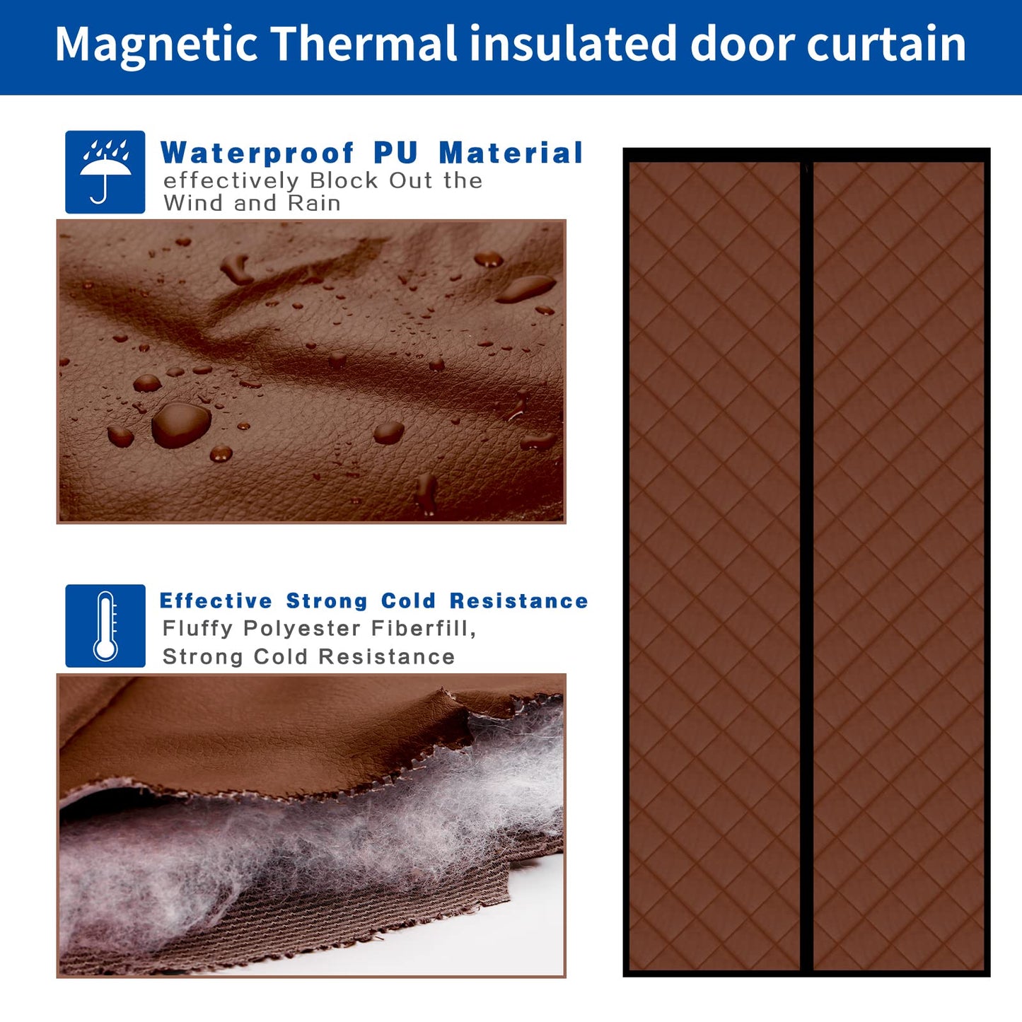 Magnetic Thermal Insulated Door Curtain Thickened, PU Material Hands Free Automatic Closing Durable Windproof Waterproof Door Screen, Fits Door Size up to 34'' x 80'', Brown