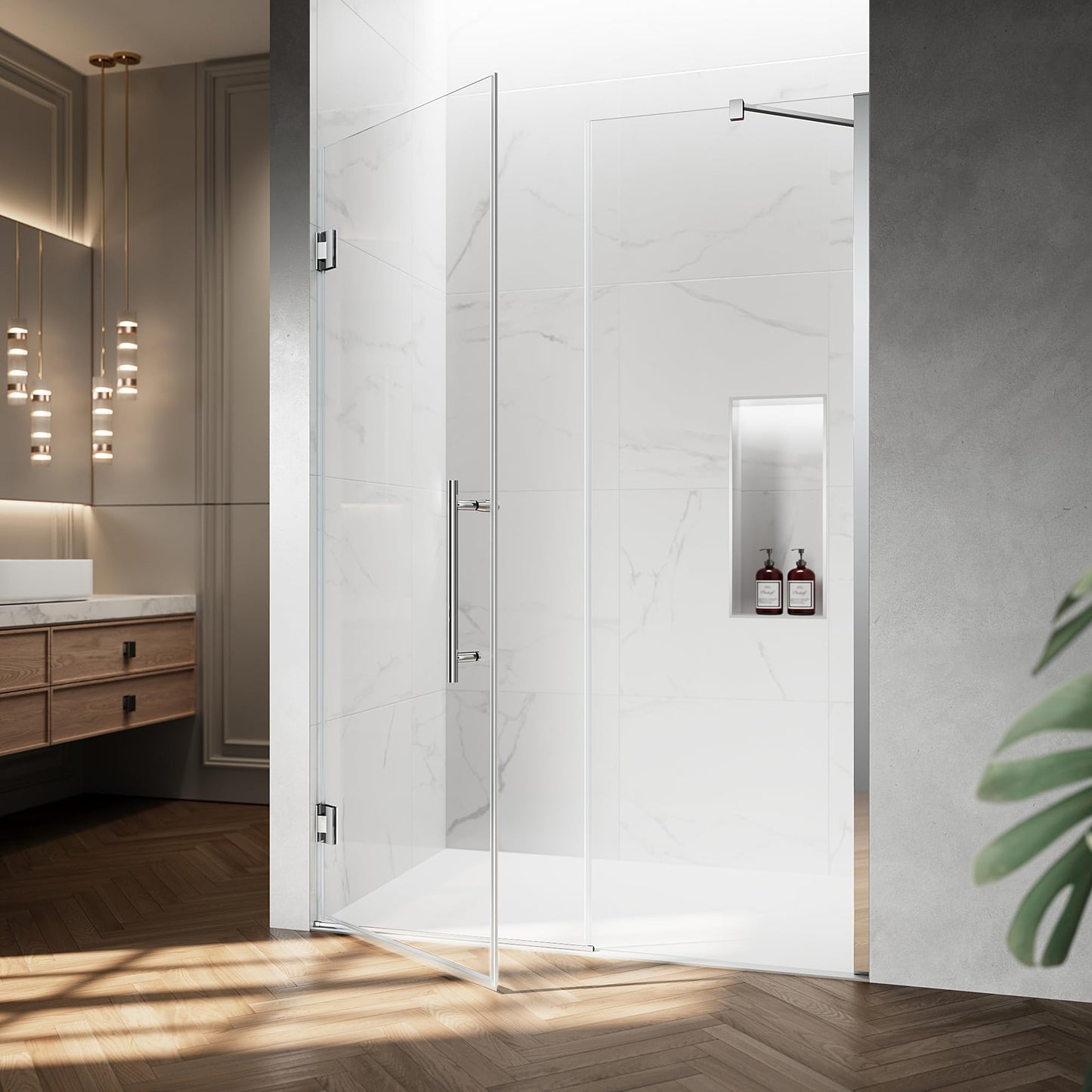 AquivaCoast 51.2-52" W x 74" H Hinged Swing Shower Door, Pivot Frameless Shower Door with 5/16"(8mm) Clear SGCC Tempered Glass, Magnetic Closing, Chrome