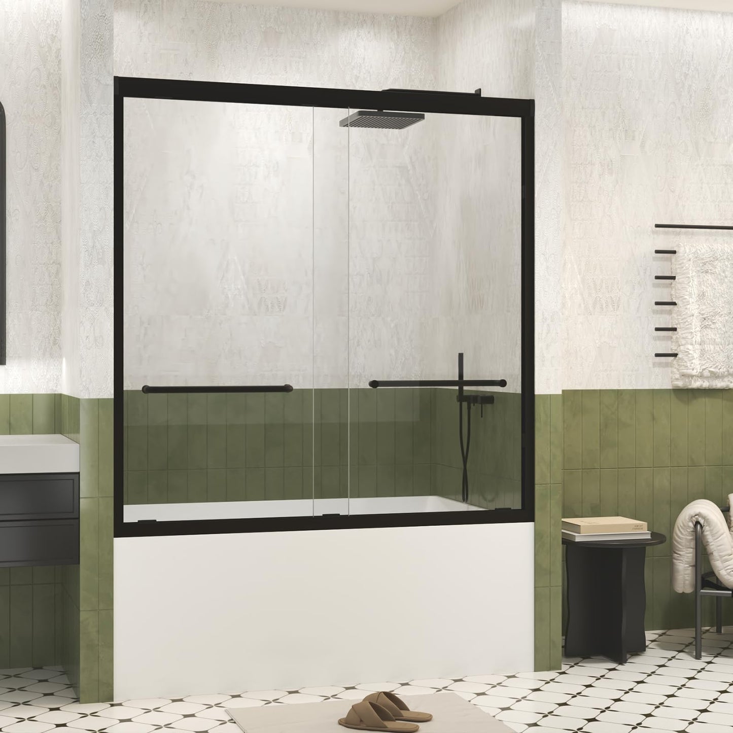 Favfurish 56-60" W×60" H Bathtub Shower Door,Aluminum Frame Double Sliding Door with 1/4 (6 mm) Tempered SCGG Glass,Explosion Proof Film,Stainless Steel Handle,2 inch Adjustment,Matt Black