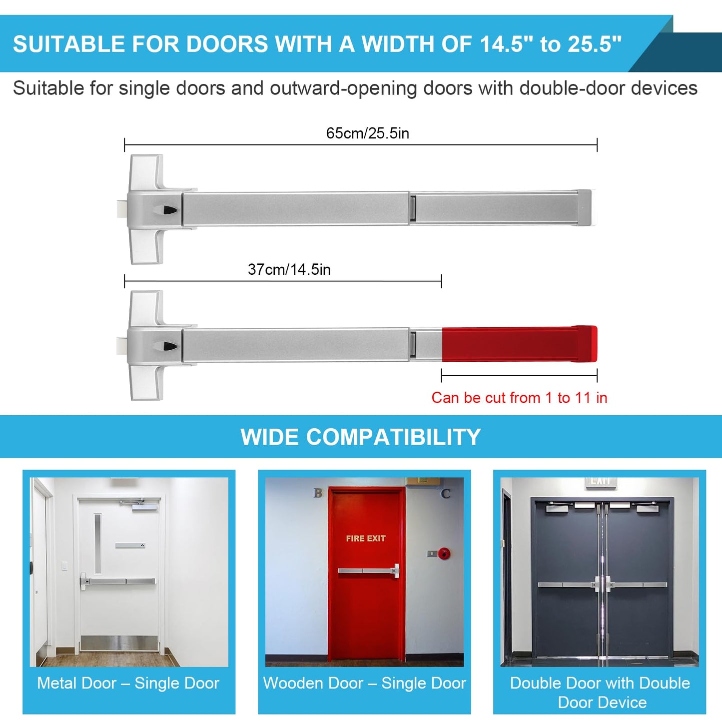 25.5" Commercial Panic Exit Device - Stainless Steel Push Bar Door Lock for Single/Double Doors, Anti-Corrosion Emergency Exit Hardware (Surface Mount)
