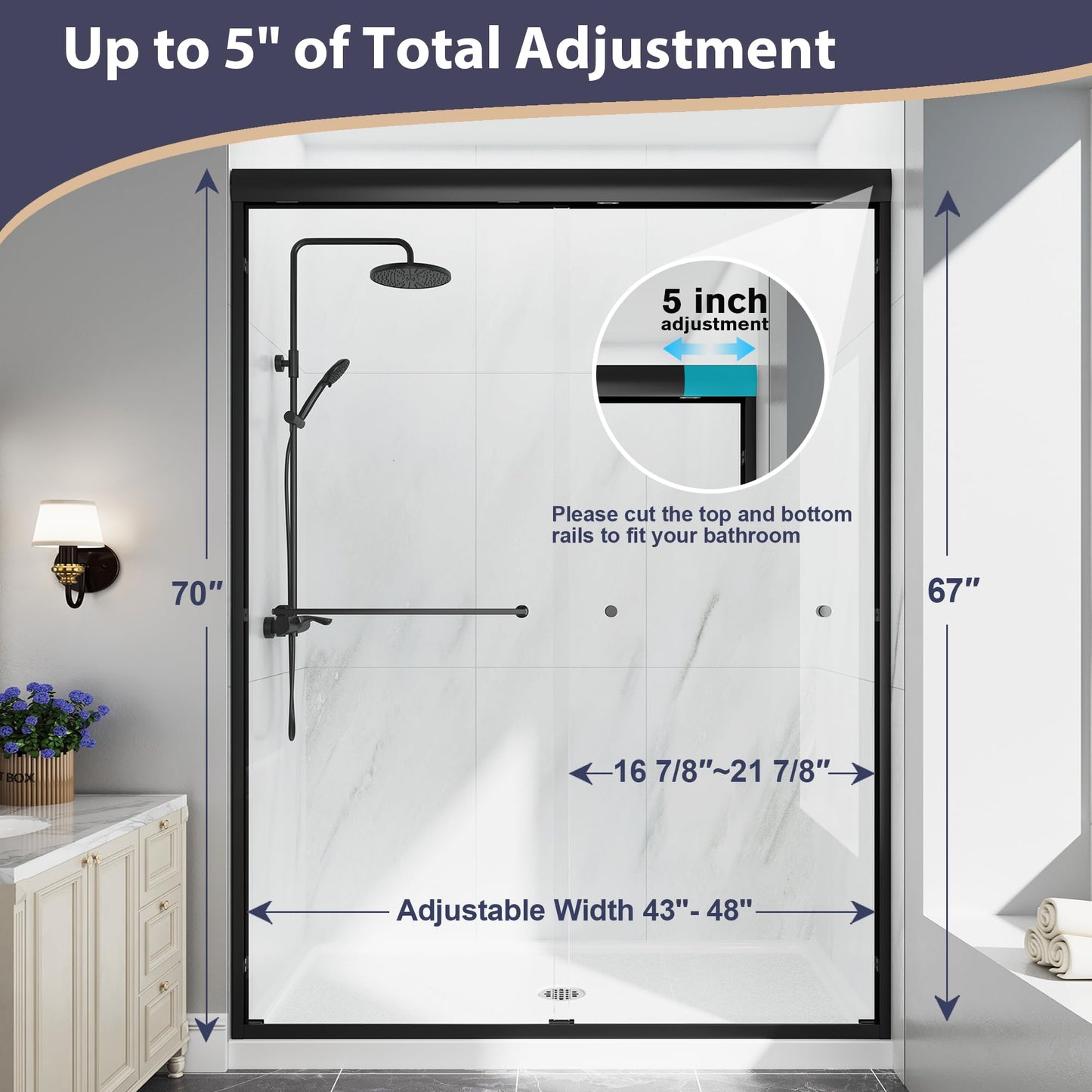 EASYWORC Double Sliding Shower Door, 43"-48" W x 70" H Semi-Frameless Glass Shower Door, 1/4'' (6mm) Clear SGCC Tempered Glass with Explosion-Proof Film and Nano Coating, Matte Black