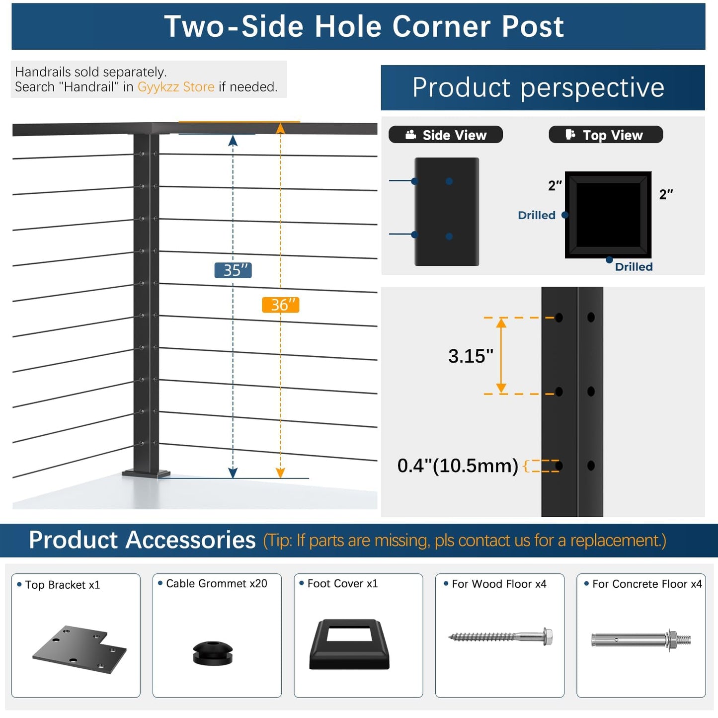 Gyykzz 36" Cable Railing Corner Post, L-Drilled Stainless Steel T304 Corner Rail Post, Upgraded Black Powder Coated One-Post Corner Solution, Wire Metal Post for Indoor Outdoor Deck Railing