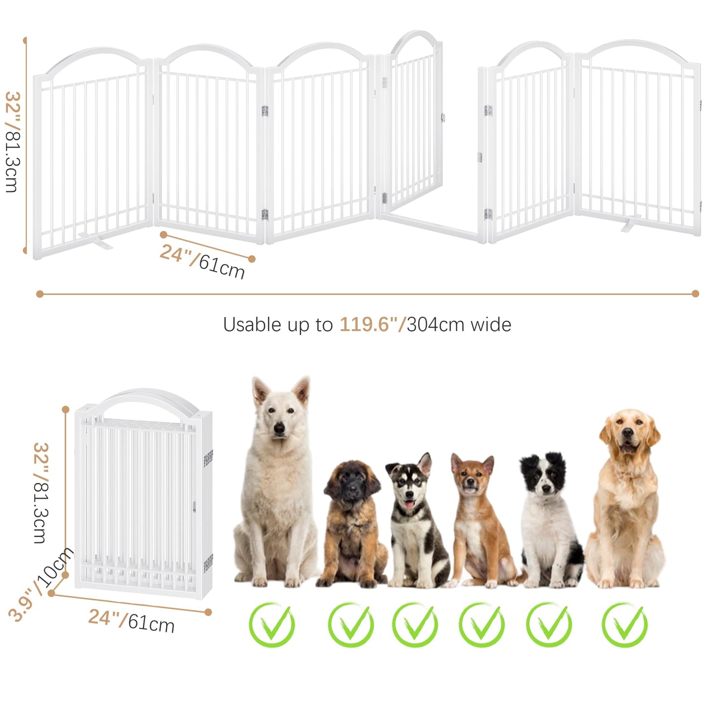 BHG Metal No-Assembly Freestanding Dog Gate with Door Walk Through, Extra Wide 144", Extra Tall 32" Pet Gate, Accordion Puppy Folding Playpen Dog Fence, with 2PCS Support (White, 6 panesl)