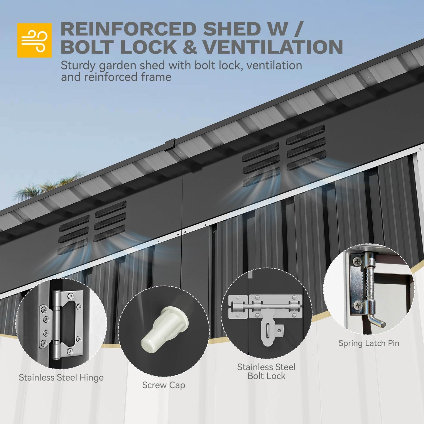 DWVO 8.5' x 3.5' Outdoor Storage Shed, Lockable Double Doors, Sloped Roof, Heavy-Duty Steel Shed for Garden & Patio, Large Backyard Tool Organizer, Dark Gray