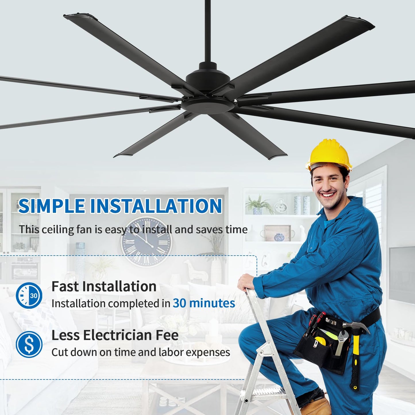 RIENAZA 96 Inch Industrial Ceiling Fans without Lights，Large Ceiling Fan with 8 Reversible Aluminum Blades, 6-Speed Remote Control, Home or Commercial Ceiling Fan for Porch，Garage，Shop